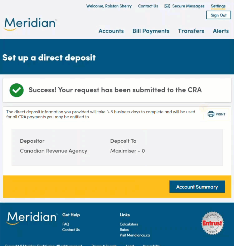Page stating that your CRA direct deposit request has been successful. Option to Print is highlighted.