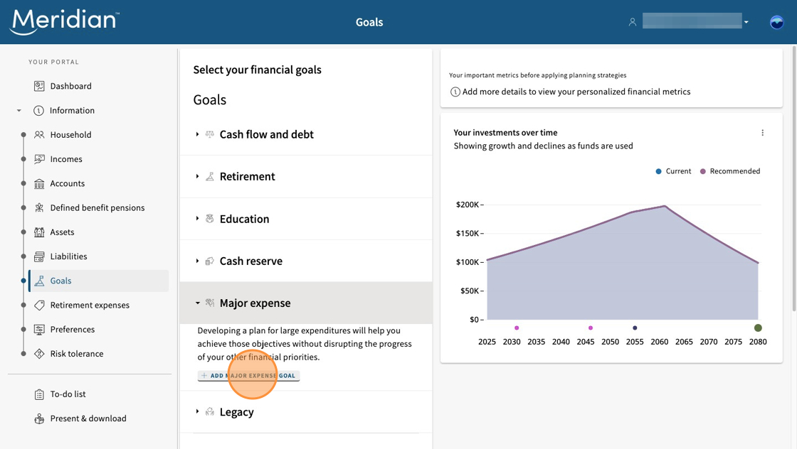 Major expense goal selected and open in the Goals section with Add major expense goal circled.