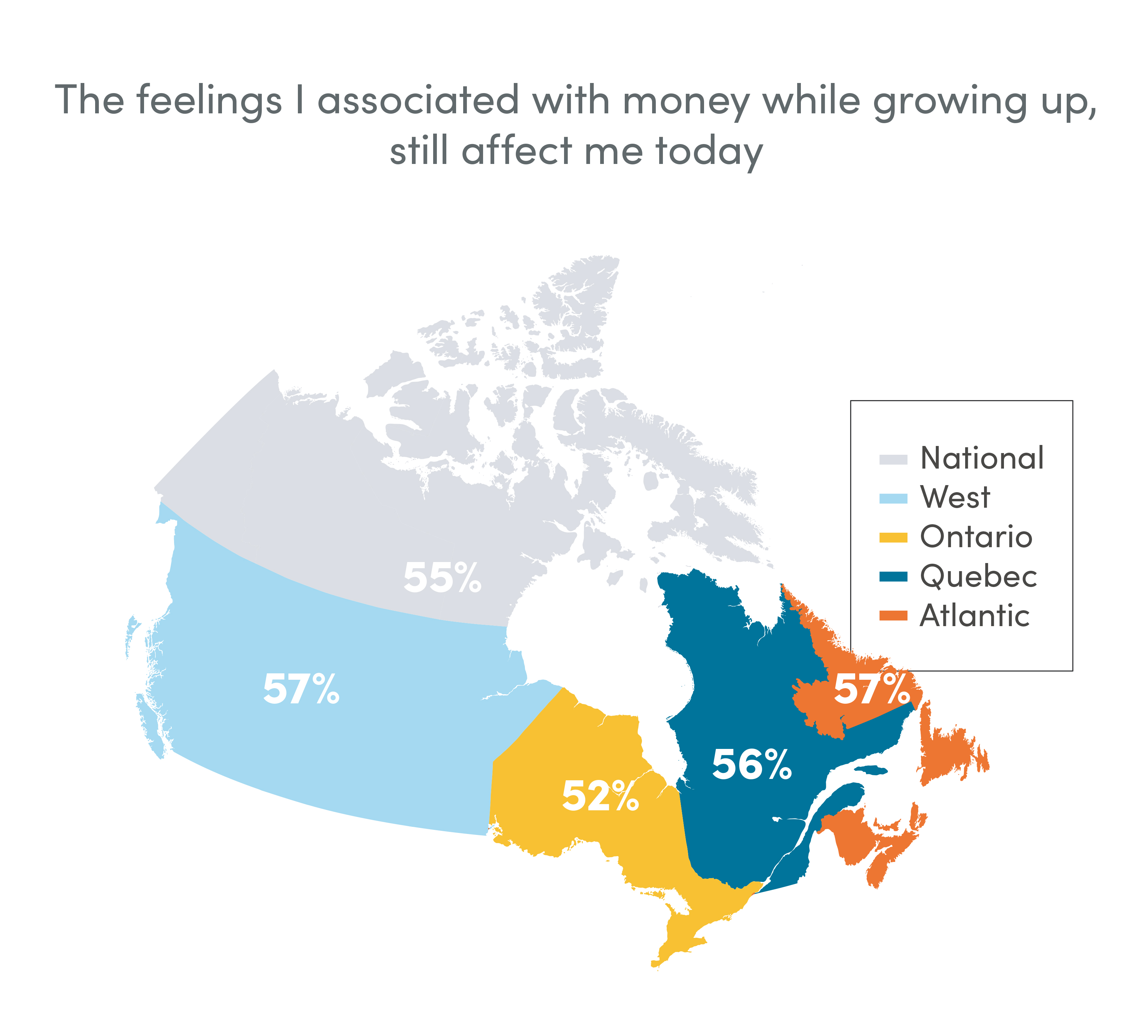 Map of Canada showing the percentage of people who said that the feelings they had about money growing up still affect them today, broken down by area