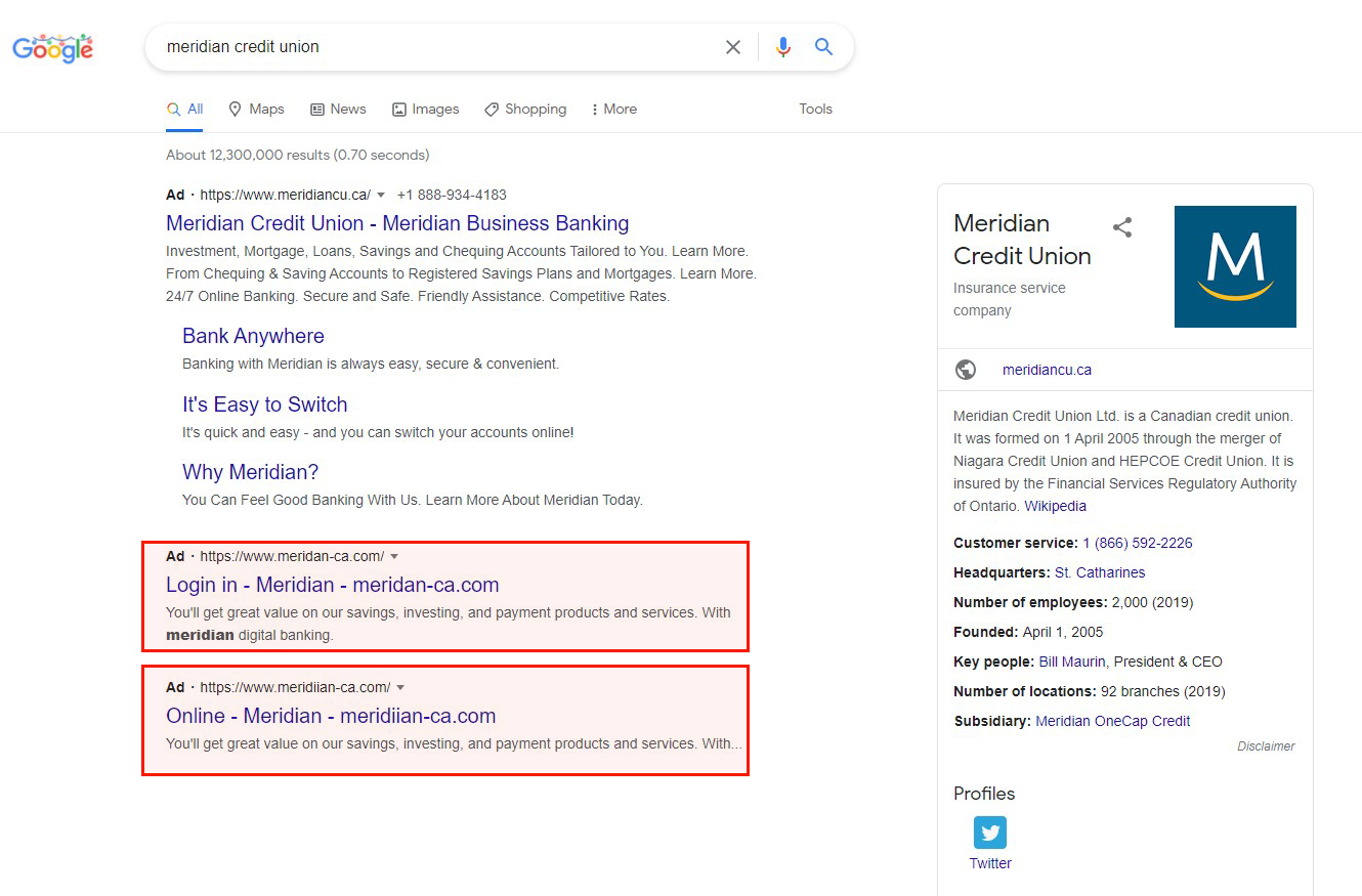 Google search results for “meridian credit union.” There are two fake ads in the search results that claim they are for Meridian Credit Union, with URLs that are different than www.meridiancu.ca.