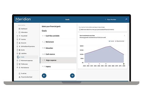 Laptop online to Meridian’s financial planning tool showing the goals and a graph to indicate progress.