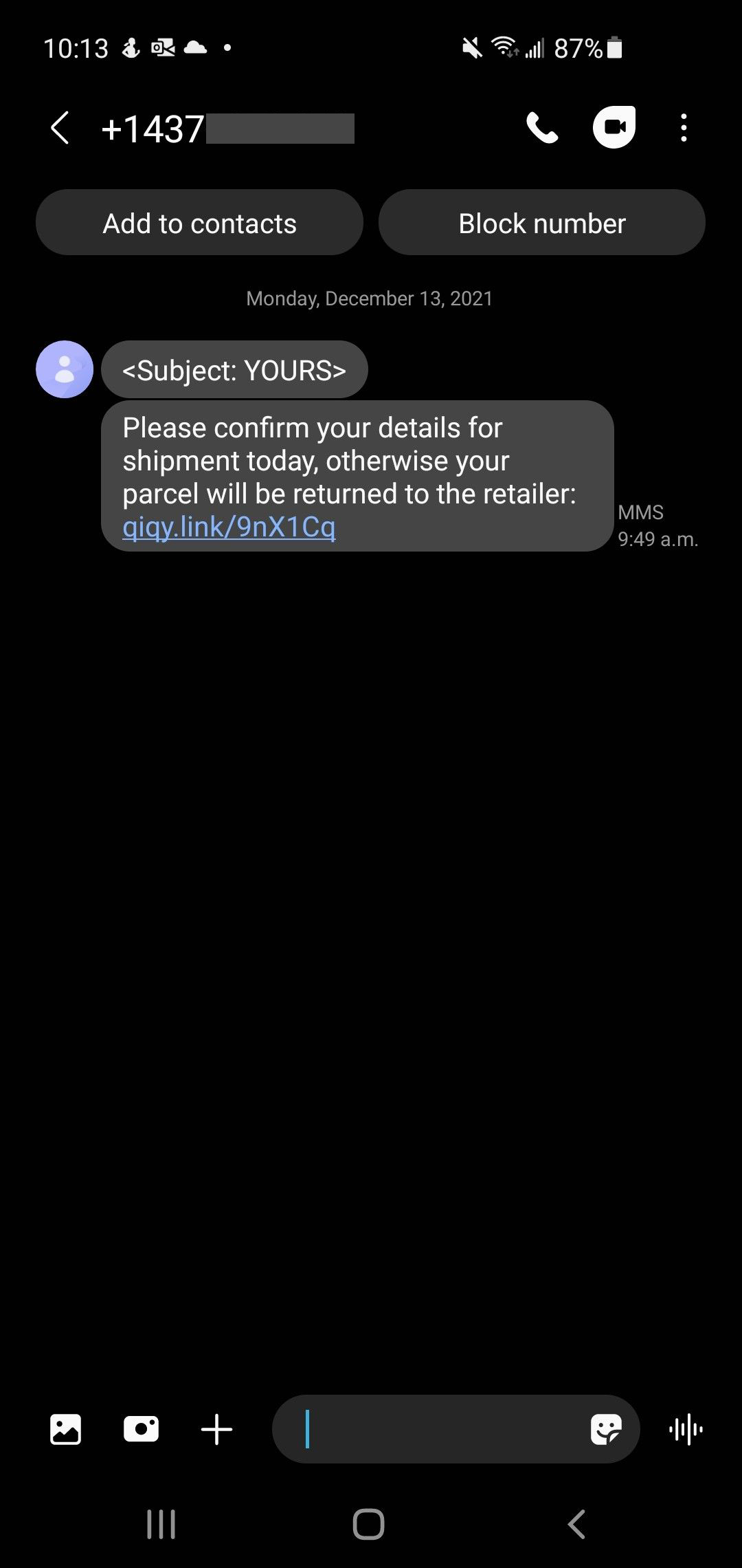 Alt text: A text message displays on a phone screen. It reads: (100001)Deposit: You Received a Refund #CA767960. http://bitly.ws/jSr5.