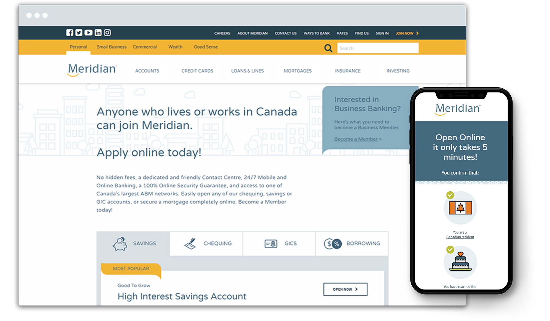 Desktop and mobile screens showing the Meridian website and app, respectively.