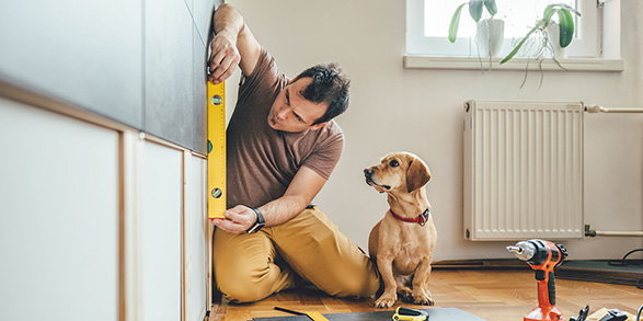 man doing home improvements using a level while dog watches