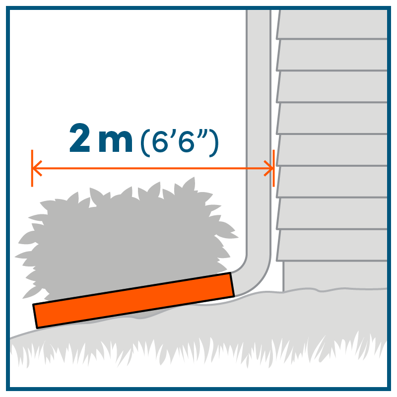 Downspount extension, of 2m or 6 feet and 6 inches, directing water away from the house