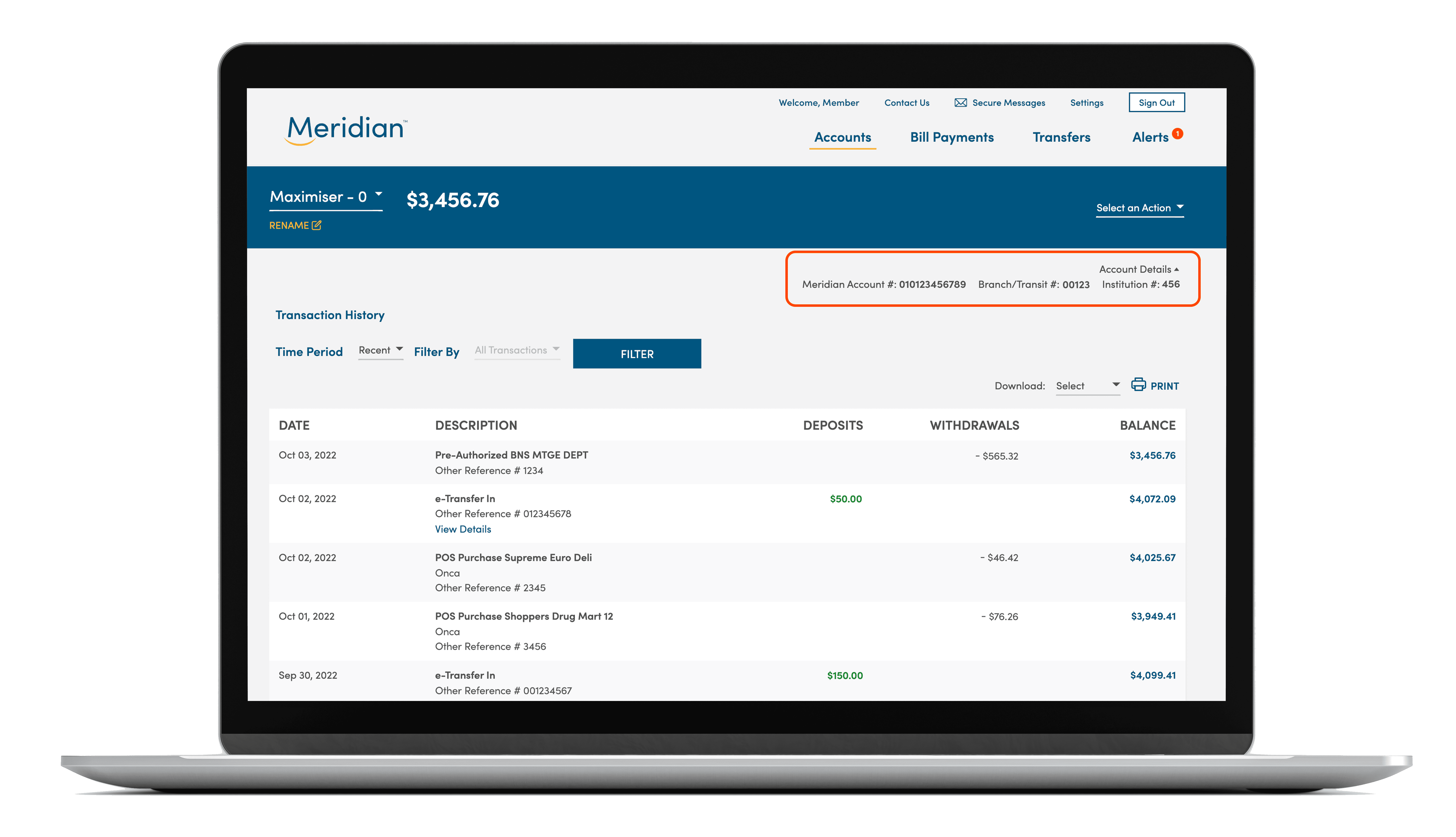 A laptop open to Meridian online banking with the Meridian account number, branch/transit number, and institution number highlighted on the account page.