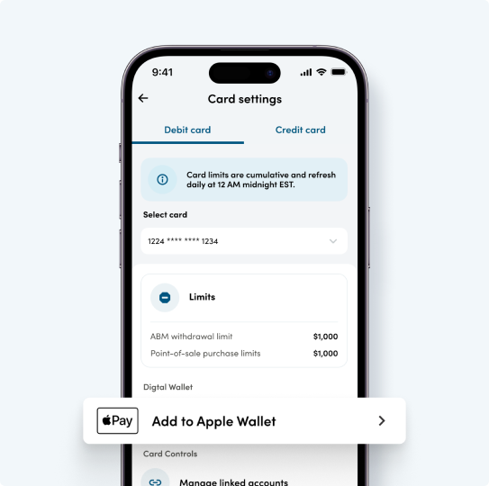 The Meridian mobile app card settings screen, displaying toggles for your debit and credit card, your saved cards, and limits. 