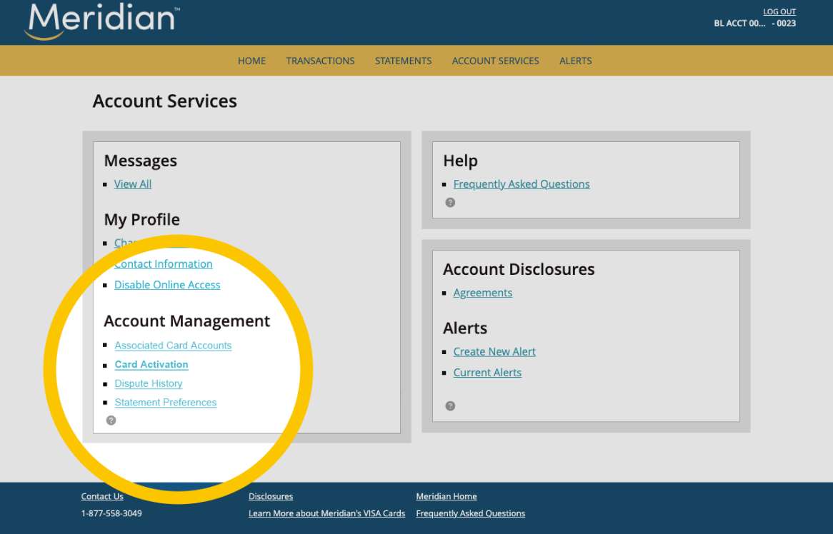 Account services page in eZCard with the Account Management options highlighted.