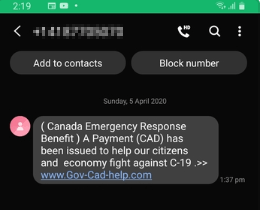 Text message: Canada Emergency Response Benefit A Payment (CAD) has been issued to help our citizens and economy fight against C-19. Text also includes a suspicious link.