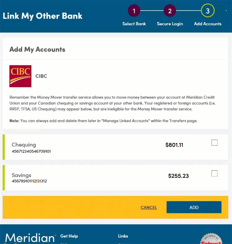 Add My Accounts page. User chooses the accounts they want to link and selects Add button