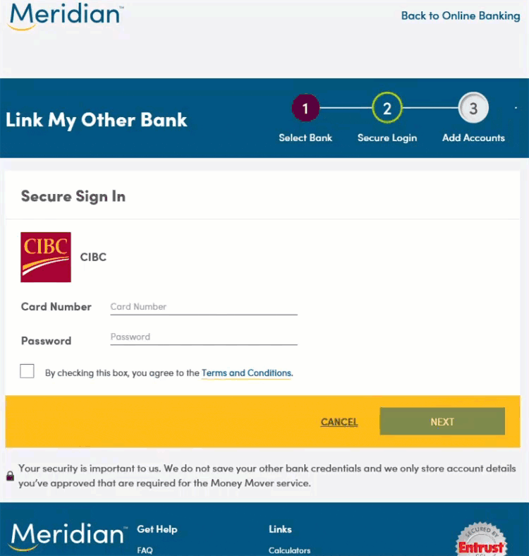 Secure sign in page where user signs in to their other bank and selects Next