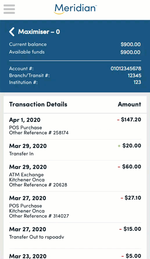 Account details screen with balance and recent transactions