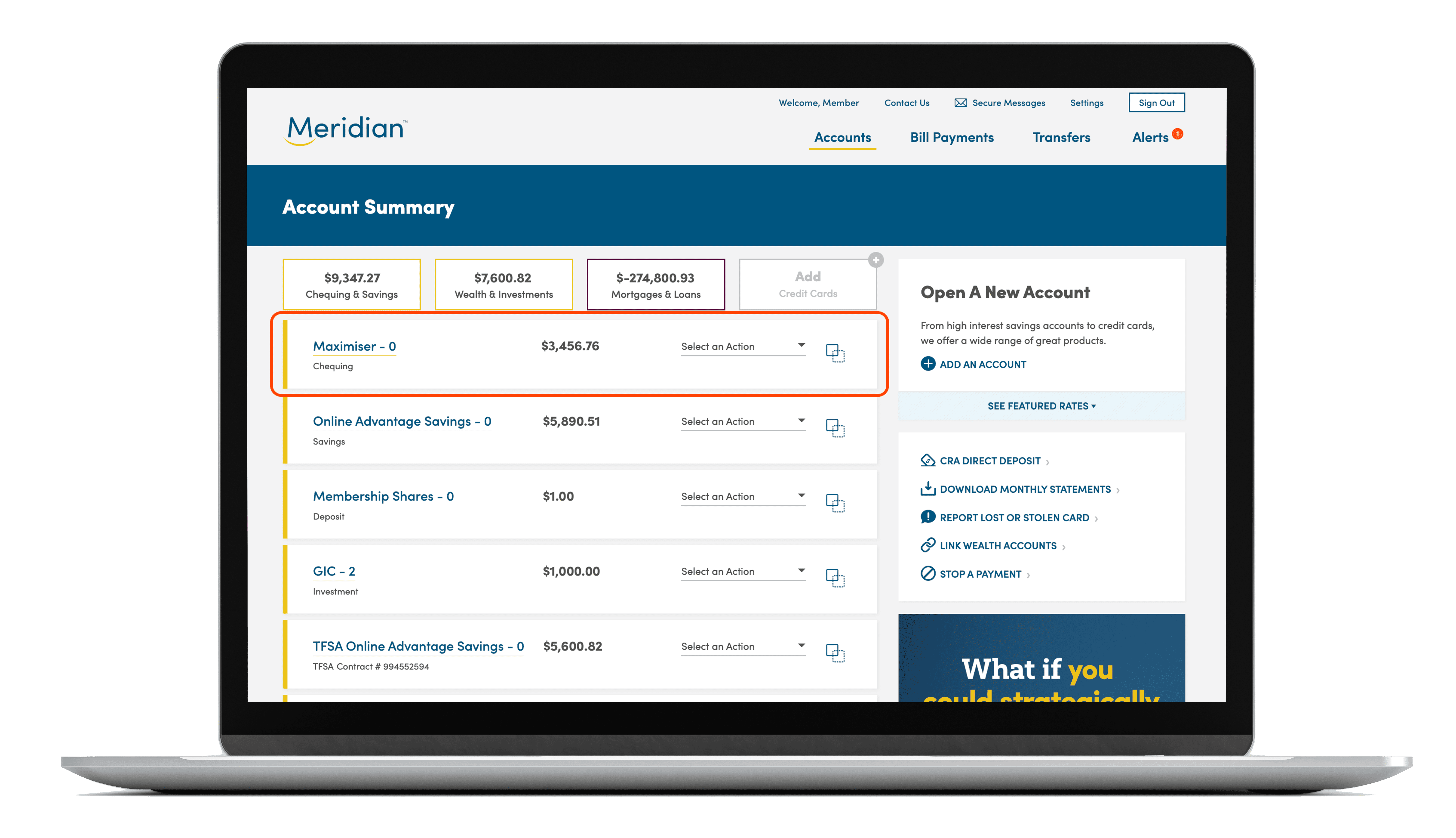 A laptop open to Meridian online banking with a chequing account highlighted and selected.