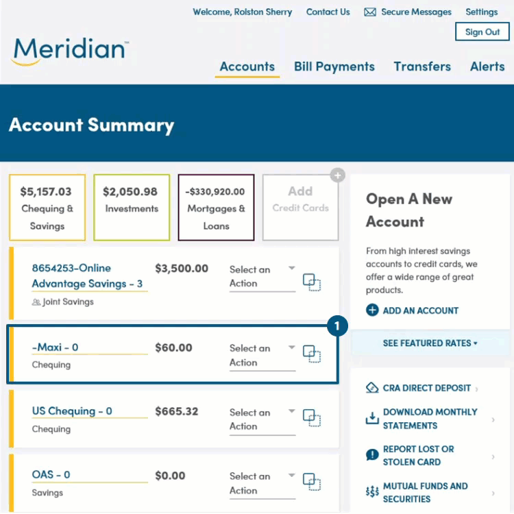 On Account Summary page user selects an account to view details