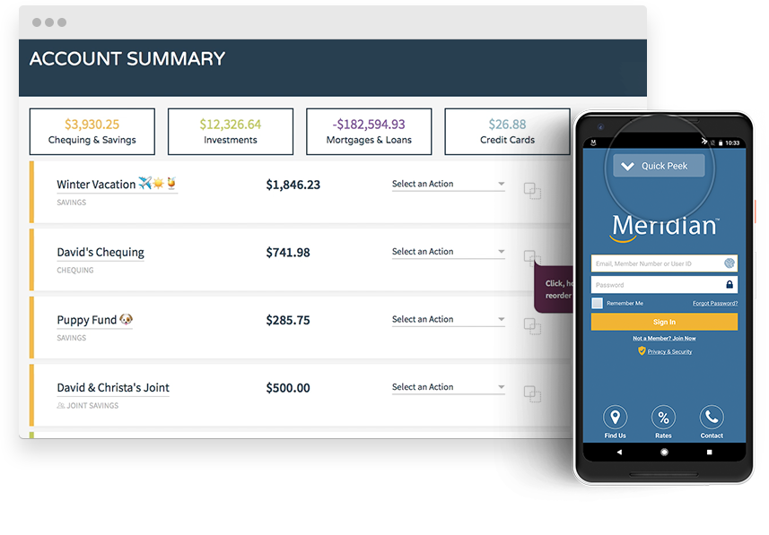 Desktop and mobile screens showing Meridian online banking and the app, respectively.