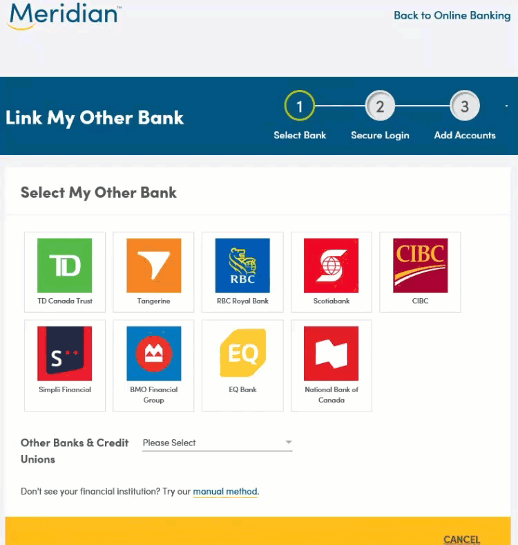 Link My Other Bank page with a list of banks to choose from.