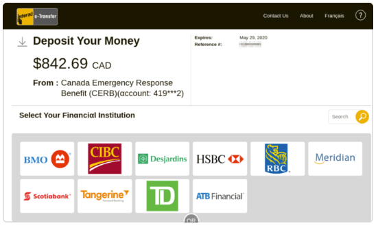 Screenshot of an Interac e-Transfer page called “Deposit Your Money.” It shows $842.69 CAD from CERB (account: 419***2). It asks you to select your financial institution.
