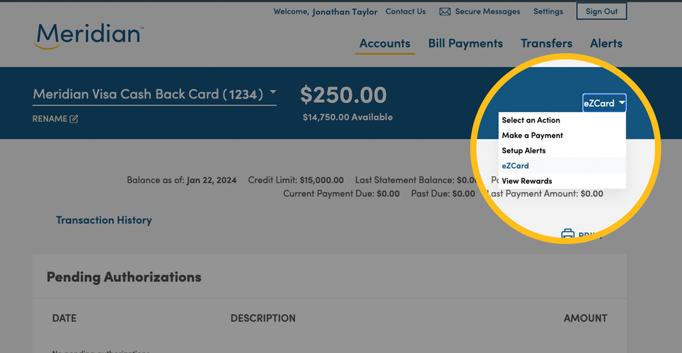 Meridian online banking platform on credit card account page, with ‘Select an action’ menu highlighted