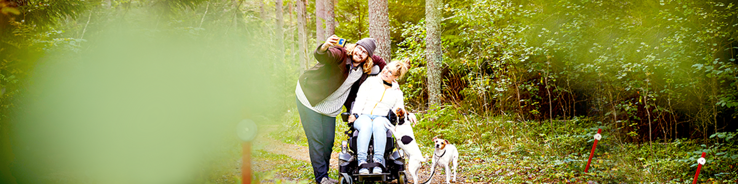 Young man and woman smile together for a photo as they walk their two dogs in a forest. She is in a wheelchair.