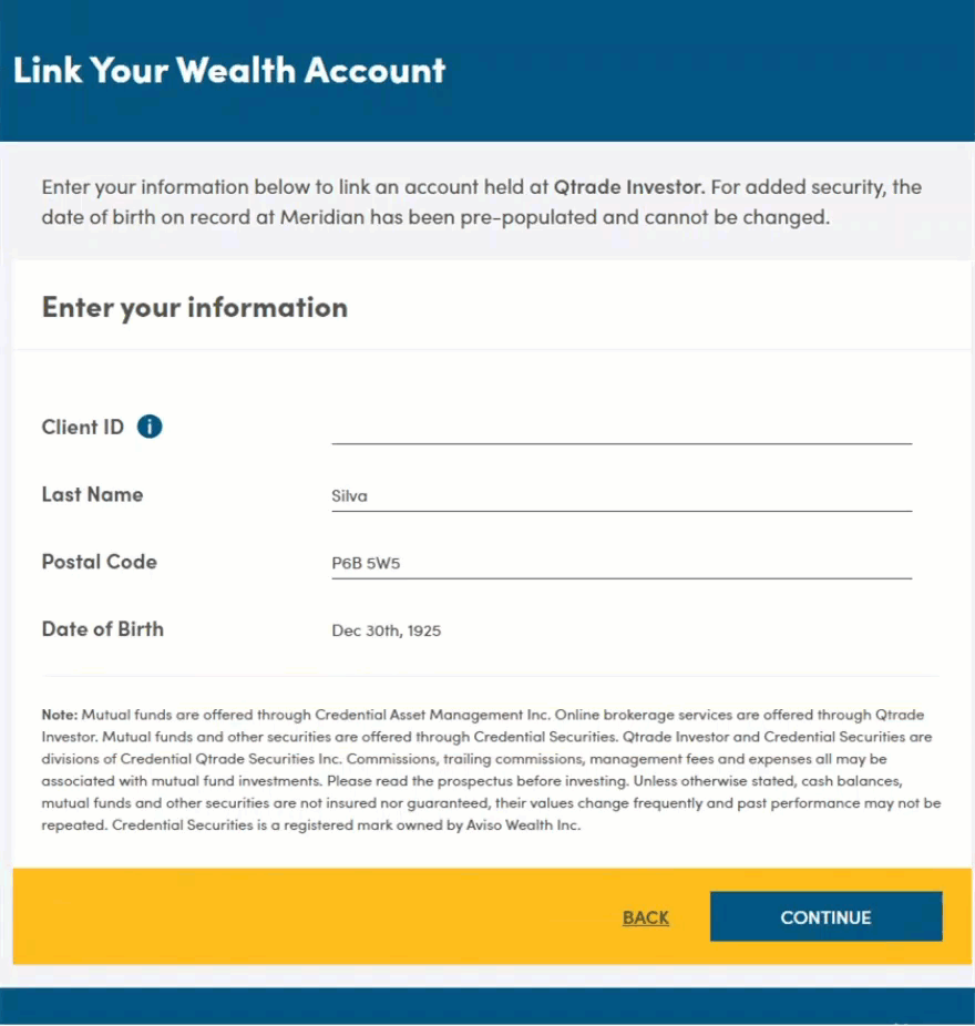 Screen on which you enter your information and select 'Continue' in order to link your wealth accounts