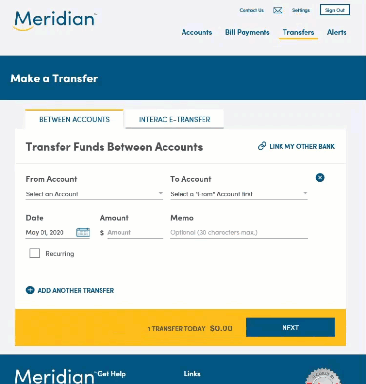 Make a Transfer page. In the Between Accounts tab user can set up a transfer between linked accounts, select Next and then review the transfer.