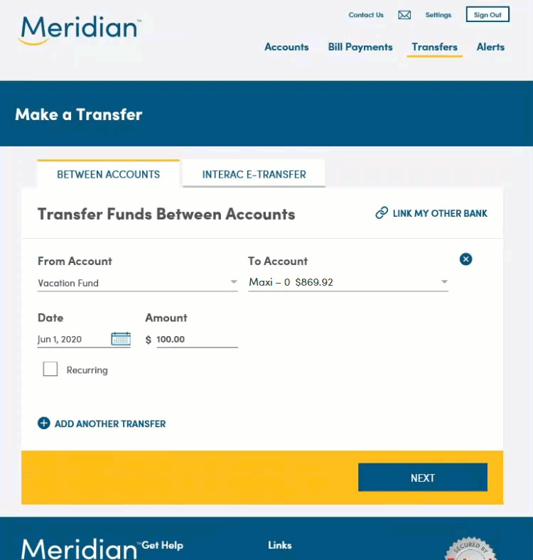 On the Make a Transfer page user can set up an ongoing transfer between linked accounts.