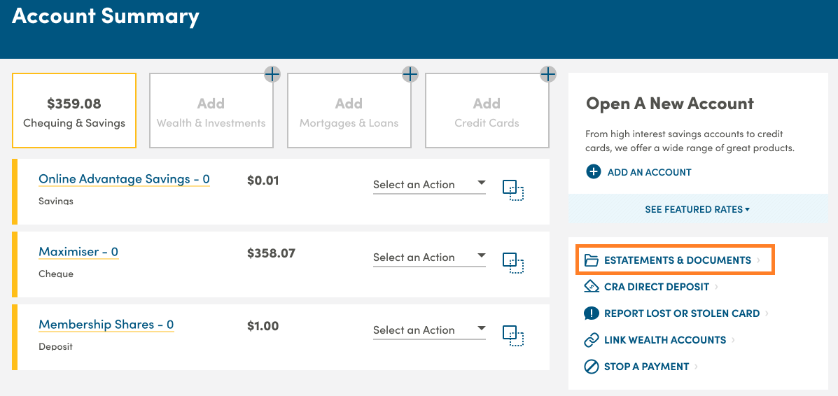 Account Summary page of Online Banking platform with orange square highlighting ESTATEMENTS & DOCUMENTS