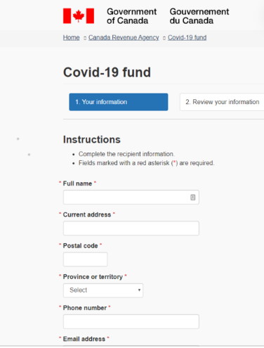Screenshot of a fake website that looks like a government of Canada site. It’s titled “Covid-19 fund” & includes a form asking for your name, address, postal code, province, email and phone.