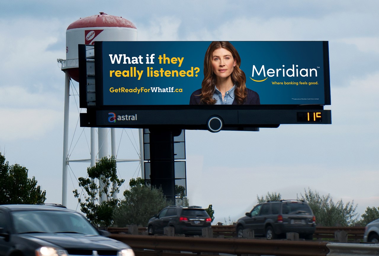 Meridian highway billboard that says, "What if they really listened?"