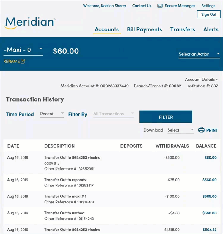 Selecting the Accounts button from the top menu brings user back to Account Summary page