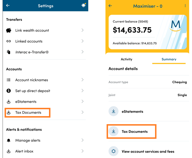 Mobile app settings with Tax Documents highlighted with an orange square around it