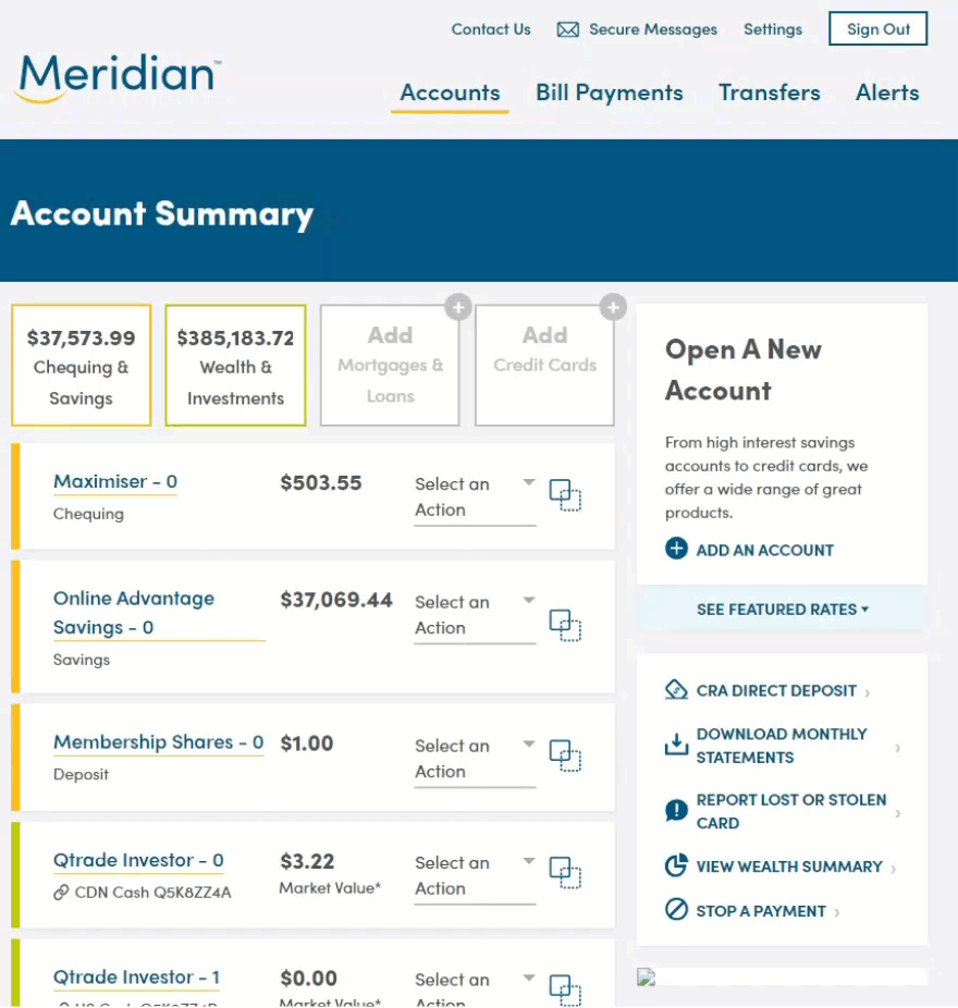 Account summary page with 'View Wealth Summary' highlighted, goes to screen where you can view and unlink wealth accounts