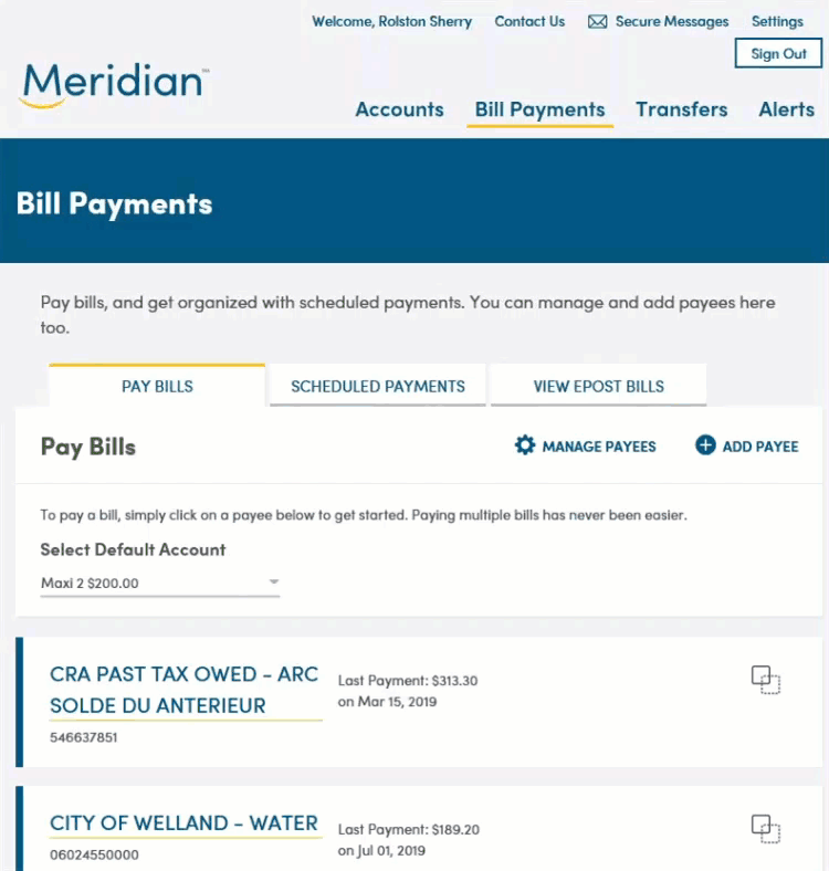 By selecting the Scheduled Payments tab user can select 'View Details' to Edit or Delete upcoming payments