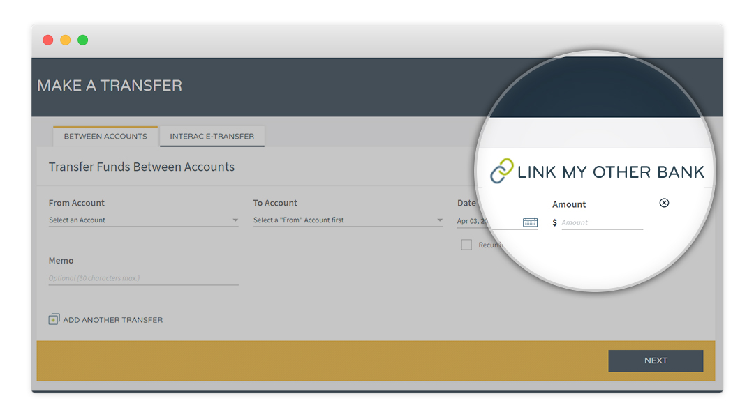 Desktop screen shows the page in Online Banking where you can link to your accounts from other banks.