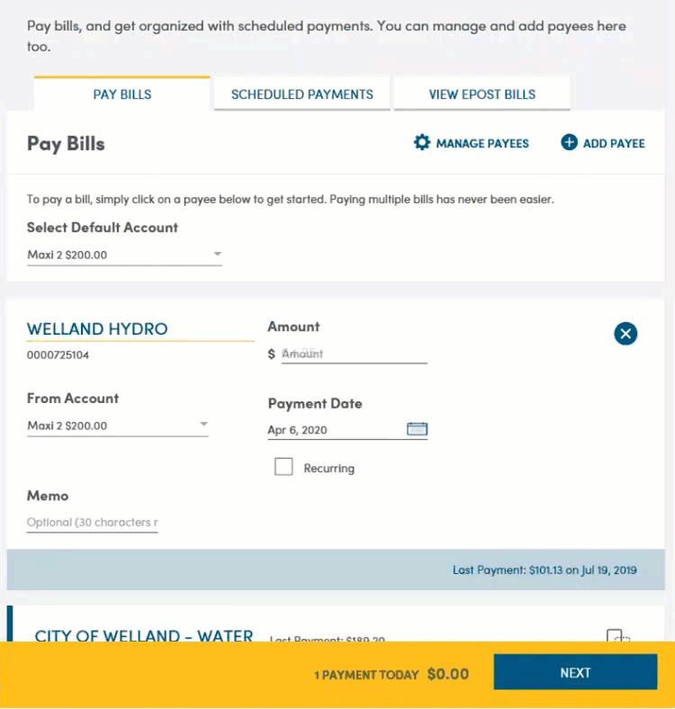 When entering bill payment information user has the option to set up a recurring payment