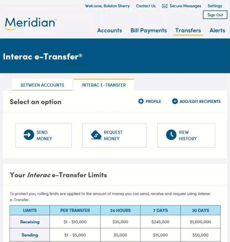 Choosing the View History option in Interac e-Transfers tab brings user to a page where they can review e-Transfers and cancel recently sent e-Transfers
