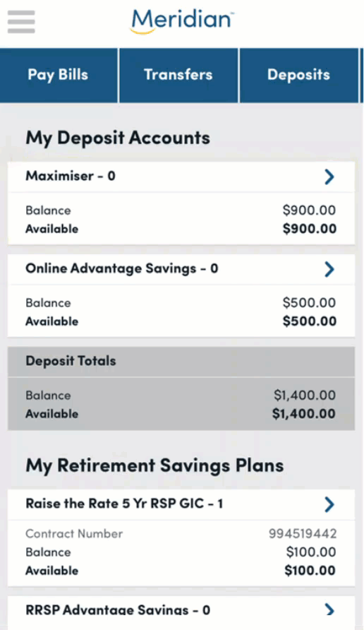 Mobile App Home screen with account highlighted in My Deposit Accounts section