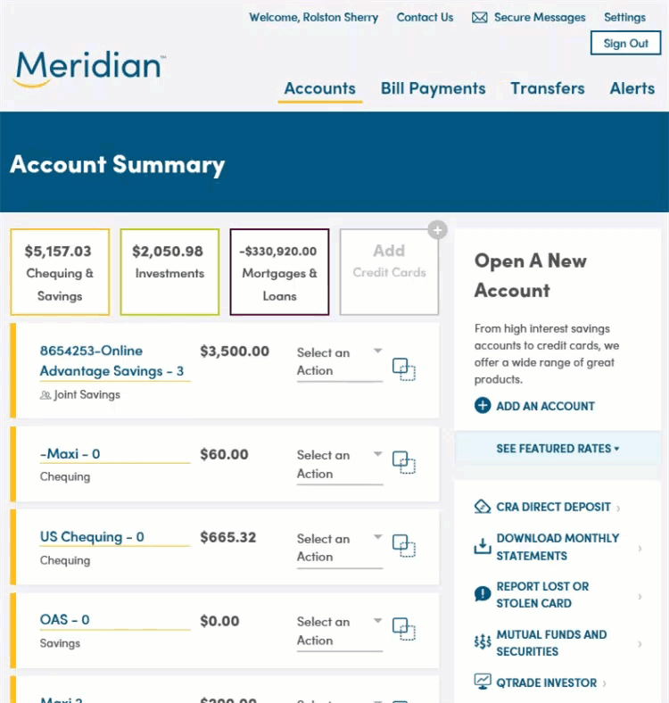 From the Accounts home screen in online banking user selects the Bill Payments tab