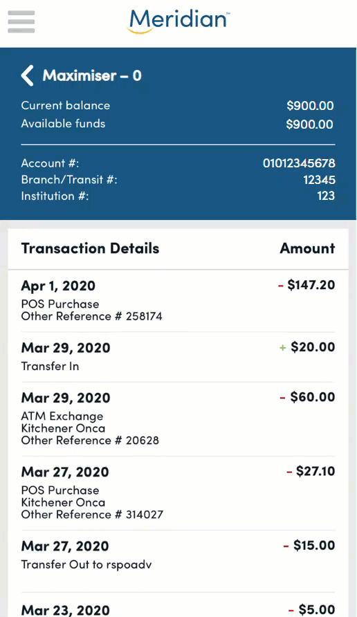Account details screen with balance and recent transactions
