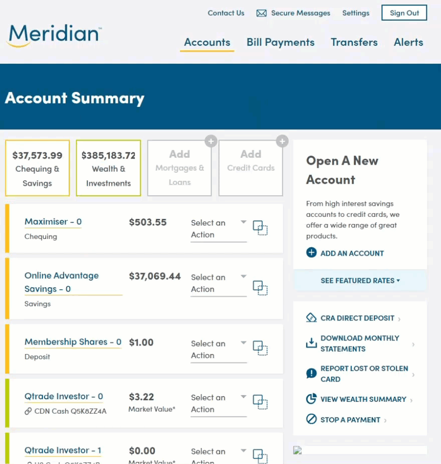 Account summary page with option to view wealth accounts highlighted