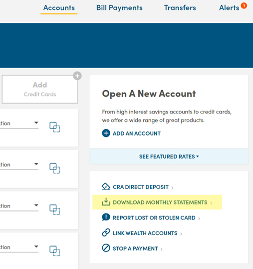 Online Banking home page. The link to ‘Download Monthly Statements’ is highlighted.