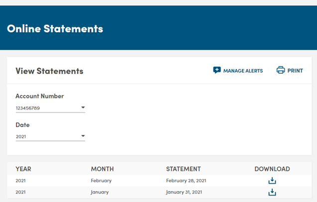 The Online Statements page for an account that is registered for eStatements and gives you the option to review your monthly eStatements by year.